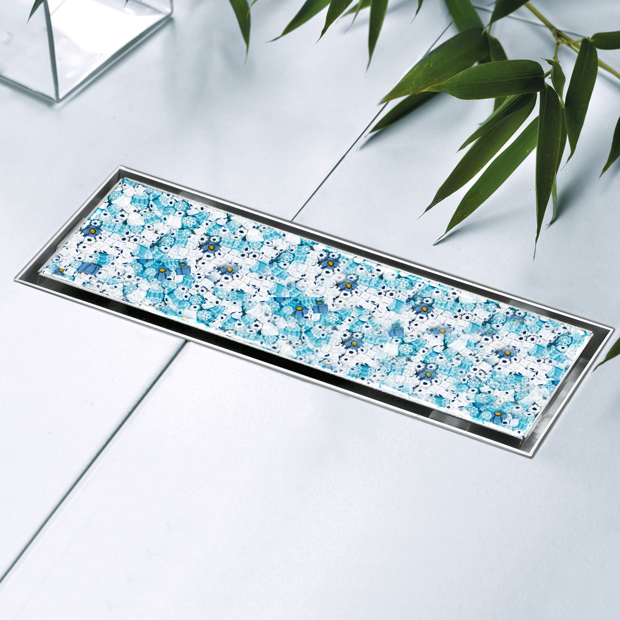 Lineardrain IN-TILE with a BLUE Murrina Glass