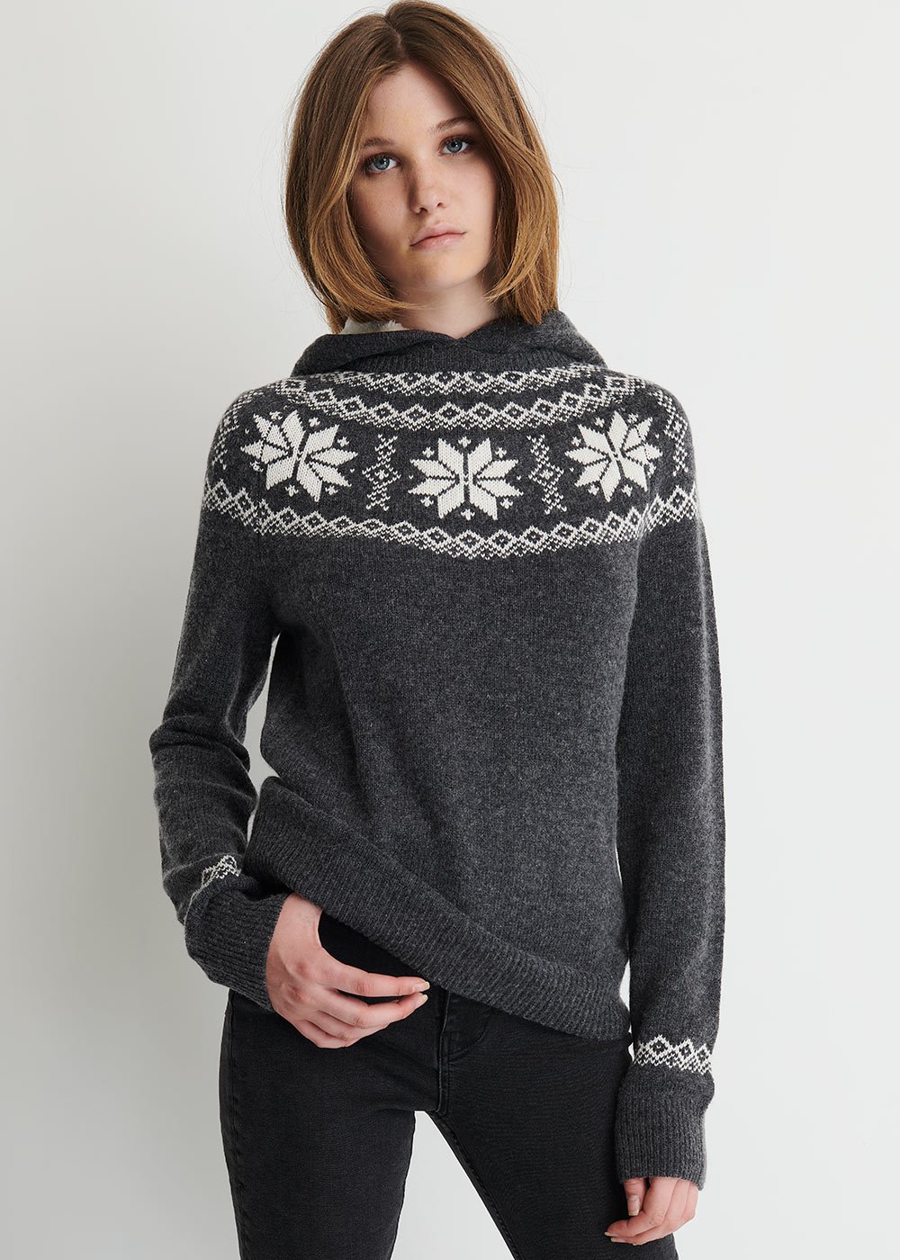 Maryan Wool Blend Sweater with Hood - Black / Grey melange - Woman