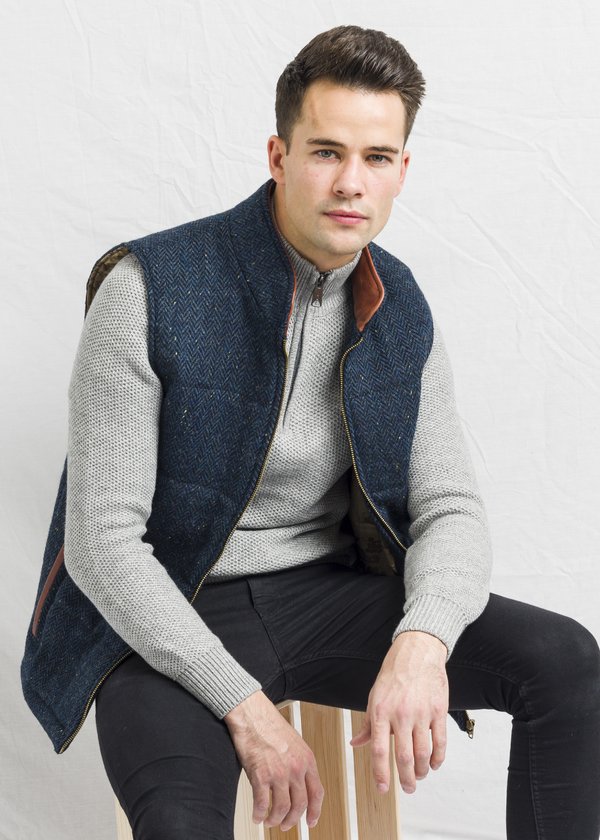 Mens Tweed Body Warmer And Gilet Trimmed With Leather