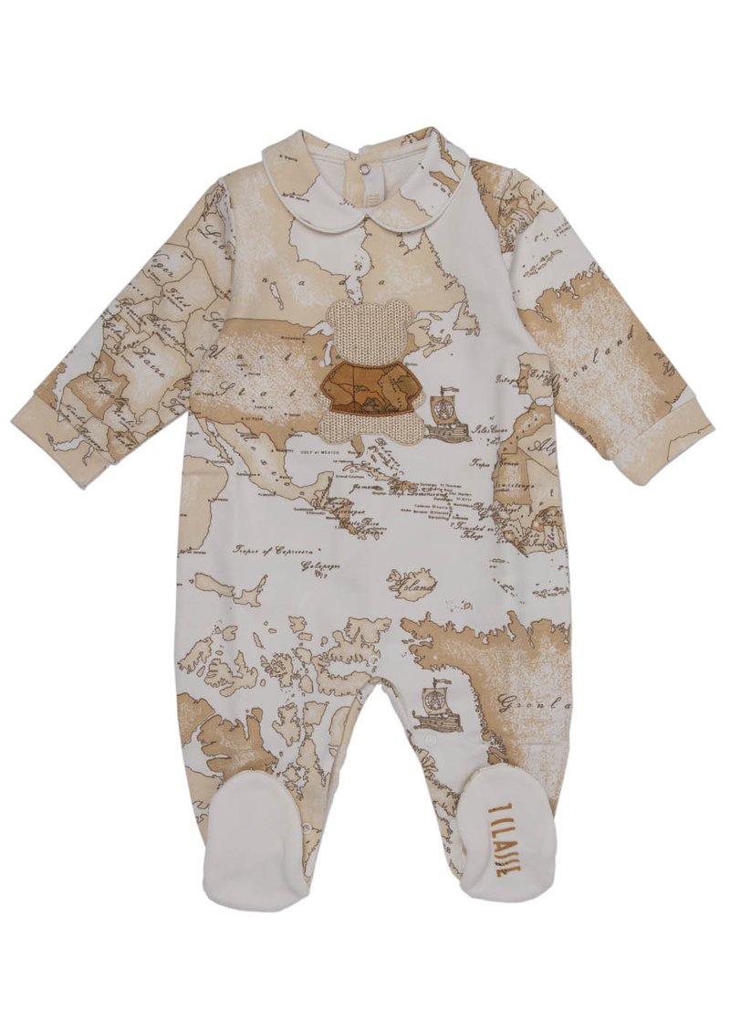 COTTON ROMPER WITH GEO PRINTING AND EMBROIDERED TEDDY BEAR
