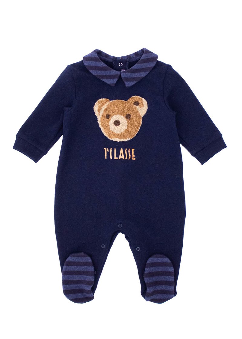 NEWBORS’ COTTON ROMPER WITH PRINTED LOGO AND TEDDY BEAR