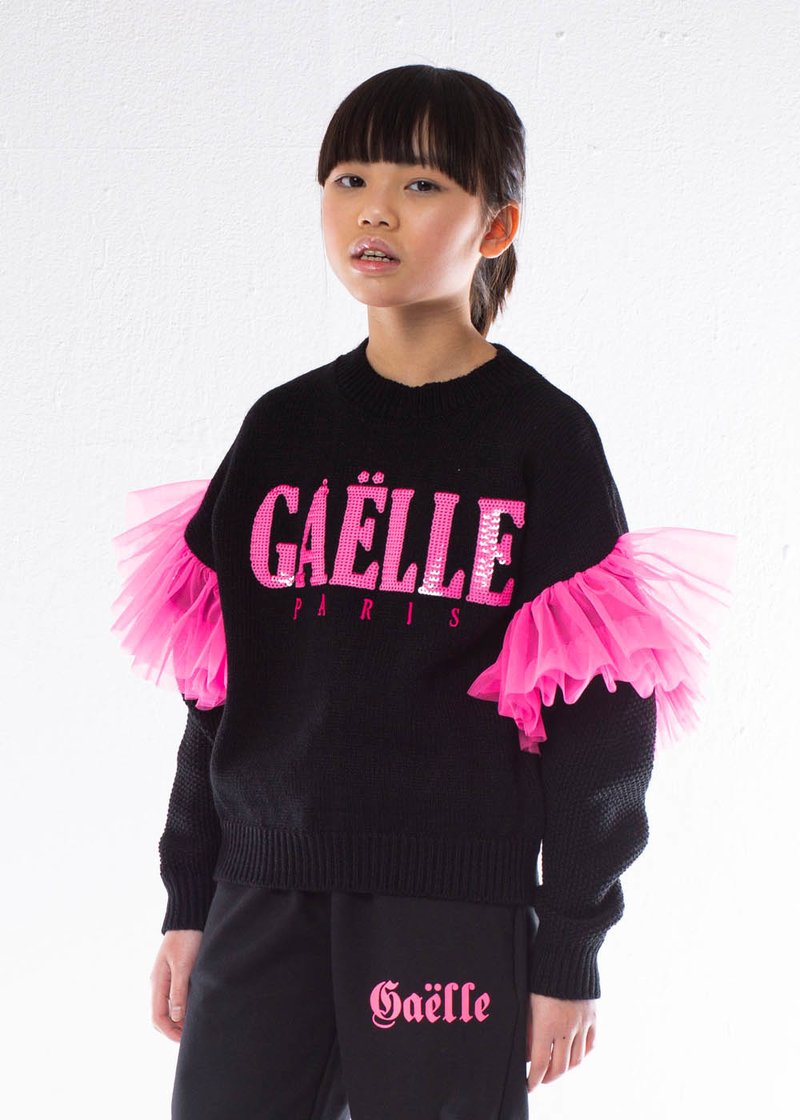 SWEATER WITH EMBROIDERED LOGO, SEQUINS AND TULLE