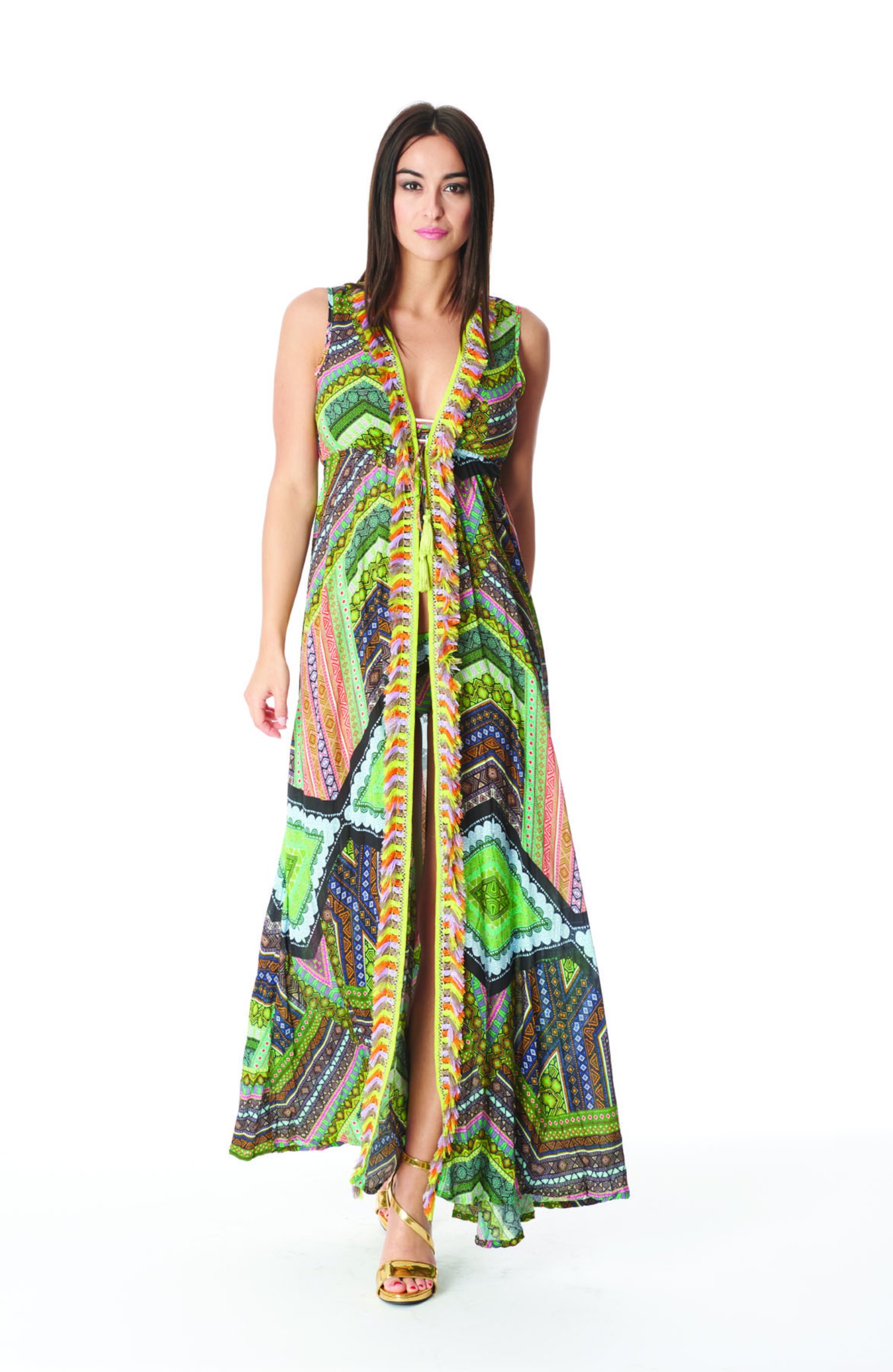 LONG DRESS WITH MULTICOLORED FRINGES - Green