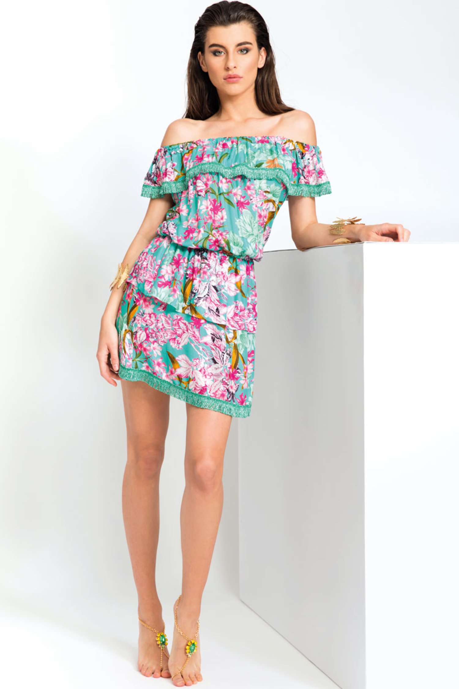 LUXE  PRINTED SHORT DRESS WITH FRILLS AND FRINGED TRIMMING - Fiori Azzurro