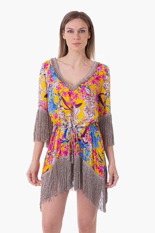 LUXE SHORT KAFTAN WITH THREE QUARTERS SLEEVES AND FRINGES