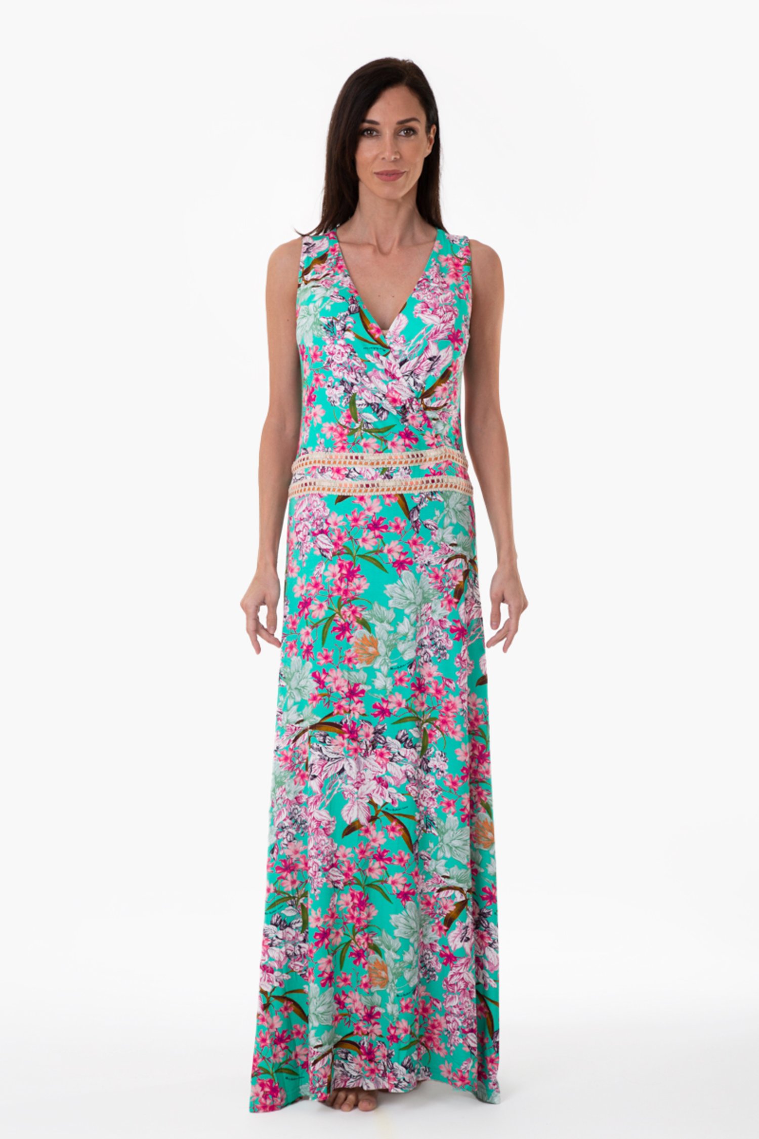 LUXE PRINTED LONG DRESS WITH WAIST TRIMMING - Fiori Azzurro