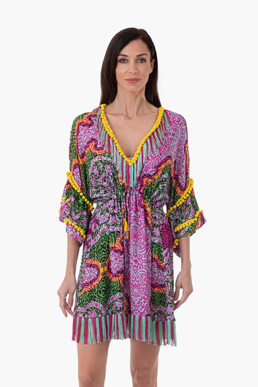 LUXE PRINTED VISCOSE SHORT KAFTAN WITH TRIMMING