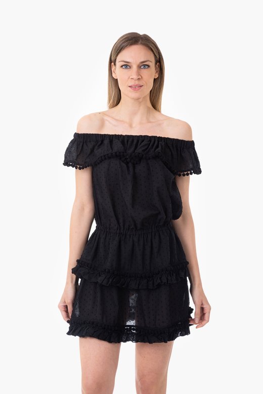 TEXTURED COTTON SHORT DRESS WITH FRILLS AND POM-POM