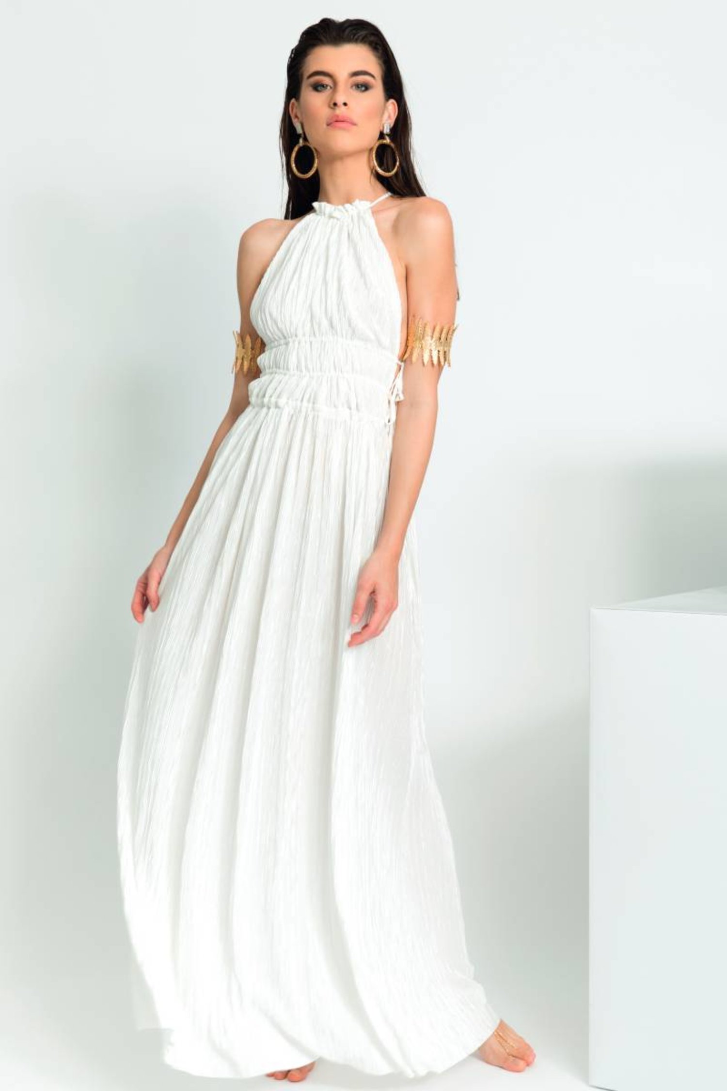 LONG DRESS WITH AMERICAN NECK AND PLISSE ' - Plisse' Bianco
