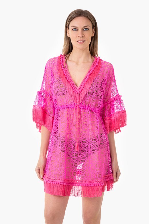 MACRAME' LACE SHORT KAFTAN WITH TRIMMING DETAILS