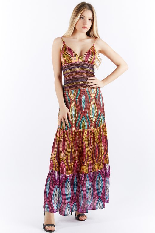 LONG MULTICOLOR DRESS WITH FLOUNCES AND TRIMMINGS