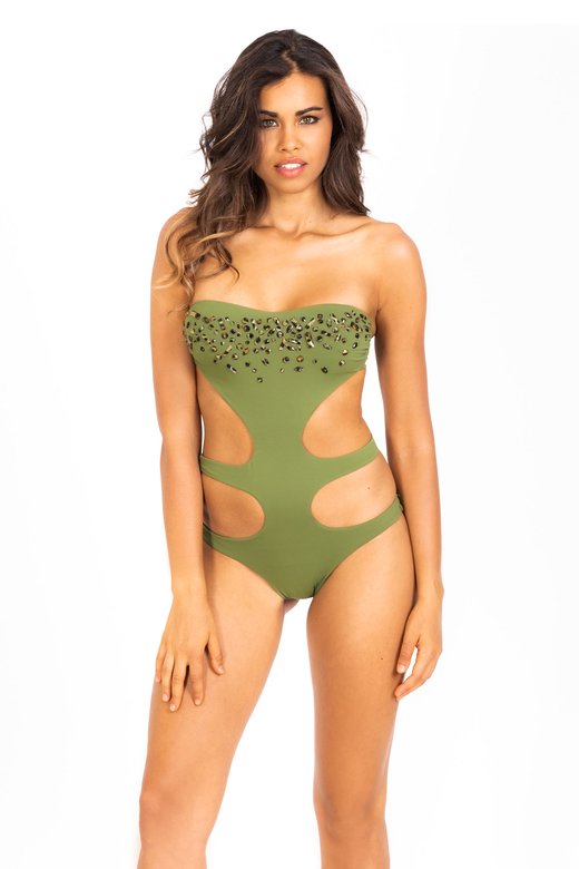 ONE PIECE SWIMSUIT WITH SPOTTED RHINESTONES AND SLITS AROUND THE HIPS