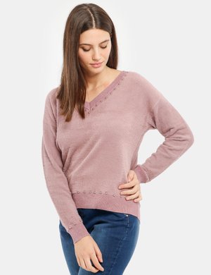 Maglie Yes Zee scontate donna - Maglione Yes Zee con perle scollo a V
