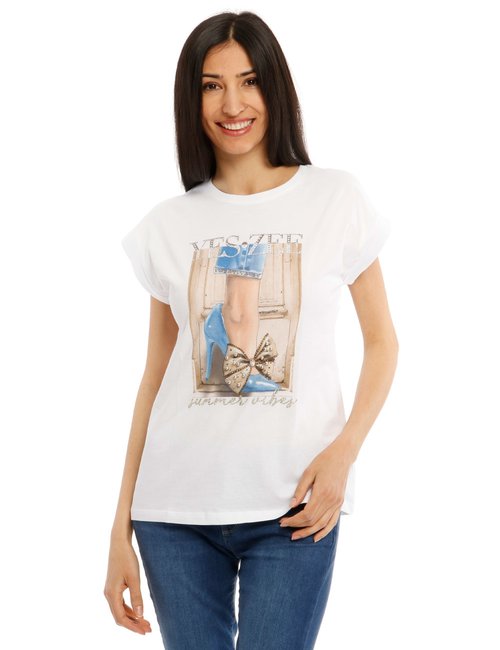 T-shirt Yes Zee con stampa e strass - Bianco