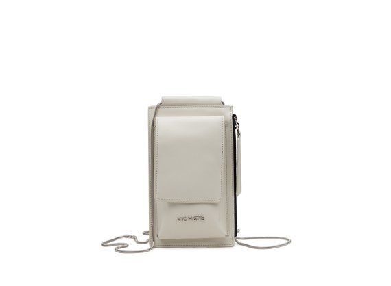 Alia<br />Ice-white leather phone case with shoulder strap