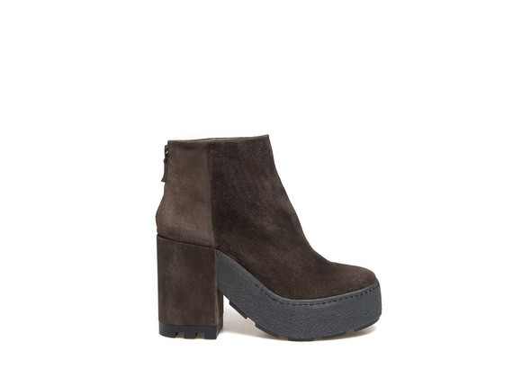 Dark brown suede ankle boot with a crepe square sole