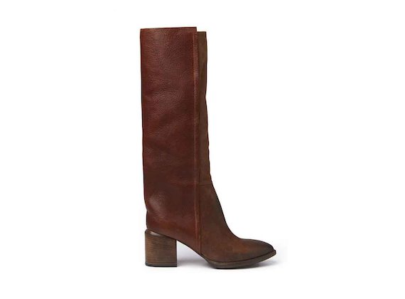 Cognac-coloured crust leather and leather stove pipe boots with a leather-covered heel