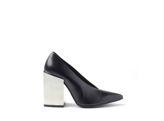 Black leather court shoes with high metallic block heel