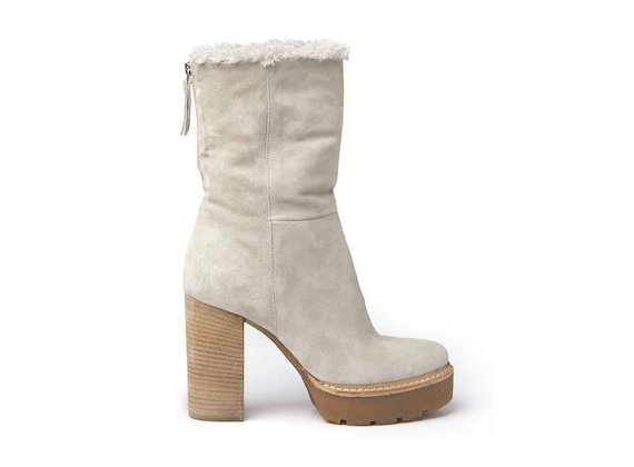 Suede and sheepskin ankle boots with crepe platform and leather-covered heel