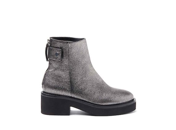 Metallic silver leather heeled ankle boots with press-stud and rubber sole