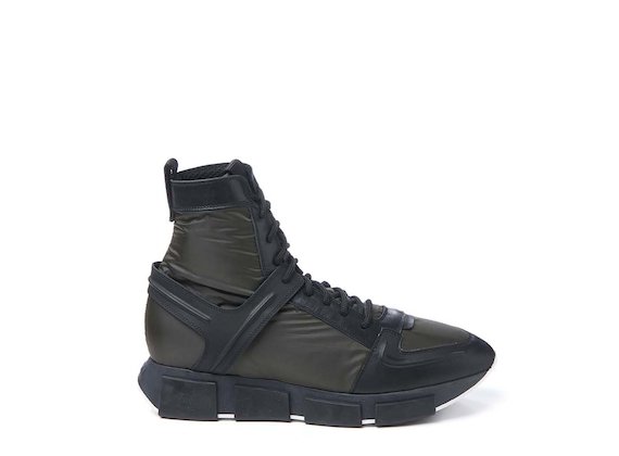 Army green nylon high-top trainer