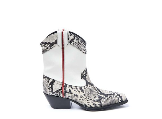 White and snakeskin-effect leather cowboy boot with trim