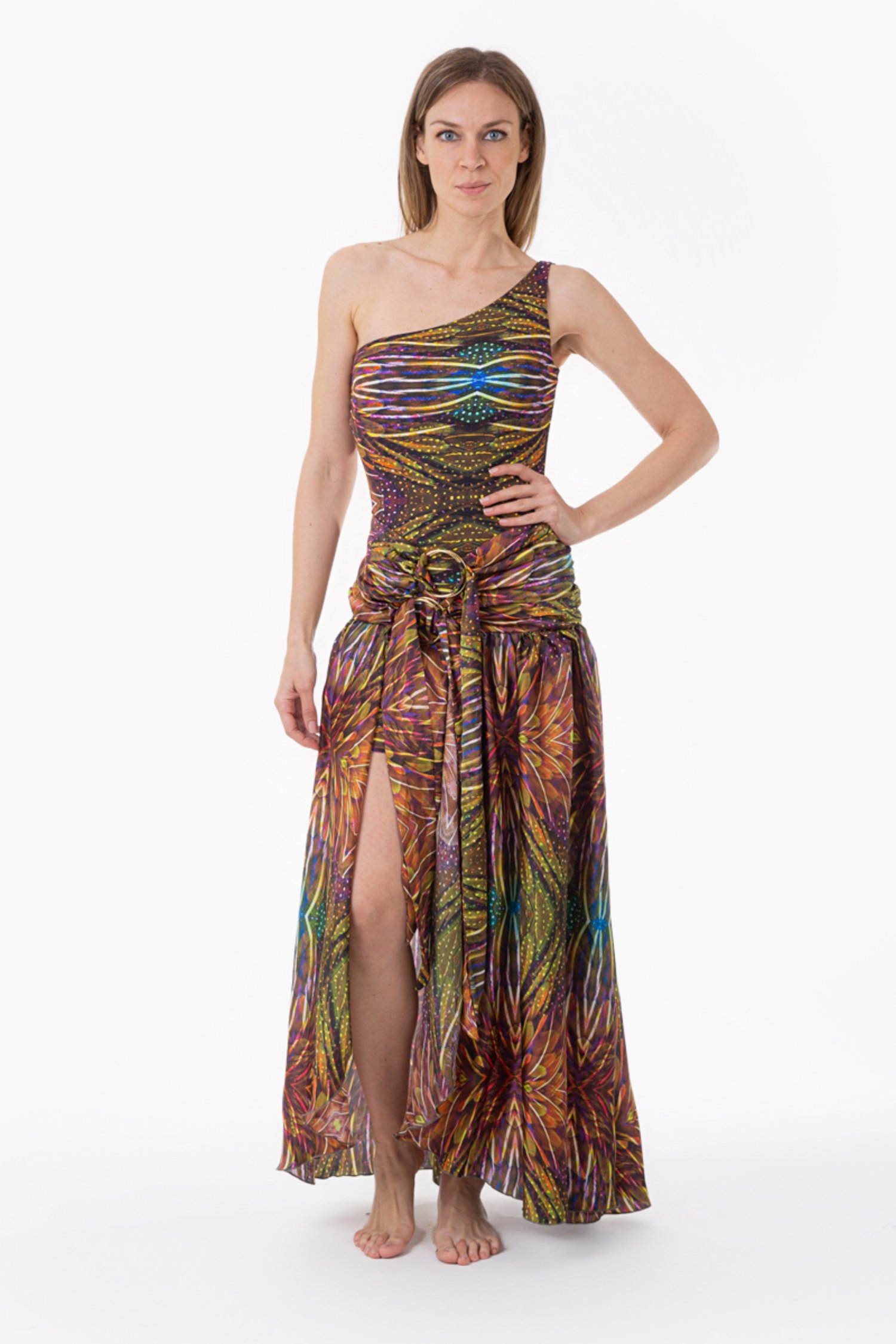 ONE SHOULDER LONG DRESS WITH CIRCLES - Plumage Ambra